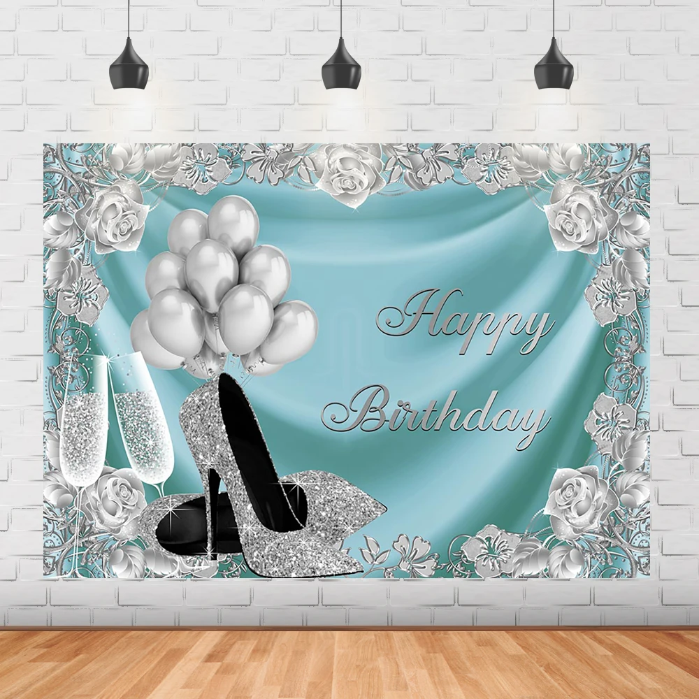 

Женский фон для вечеринки в честь Дня Рождения серебряные высокие каблуки Шампанское белые воздушные шары цветы декорация для фотографий б...