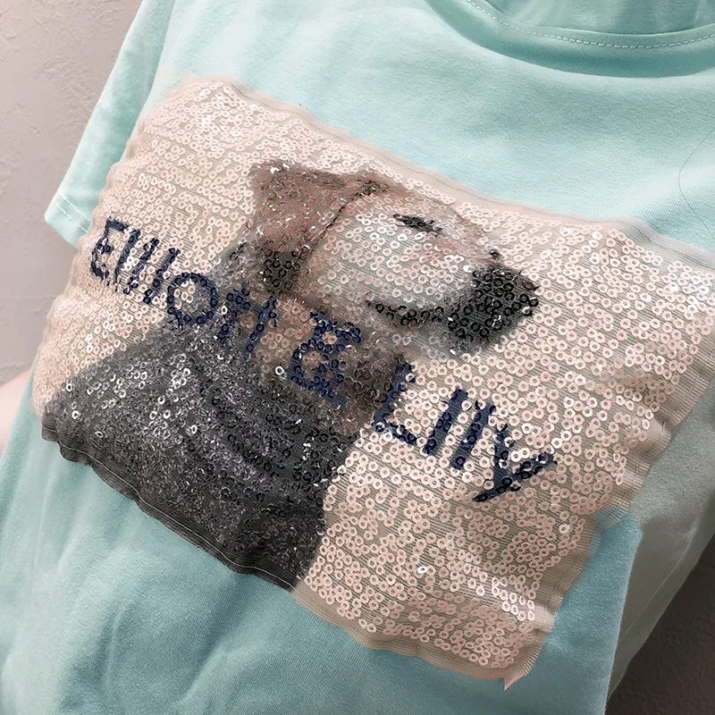 

Summer 95% Cotton T Shirt for Women korean cartoon Sequins casual slim Tees Female Short Sleeve Tshirt harajuku O-Neck T-shirts