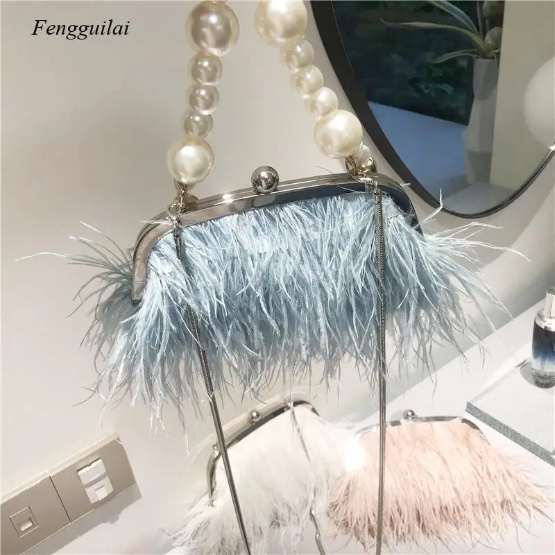 

Luxury Ostrich Feather Party Evening Clutch Bag Women Wedding Purses and Handbags Small Shoulder Chain Bag Designer Bag 2021