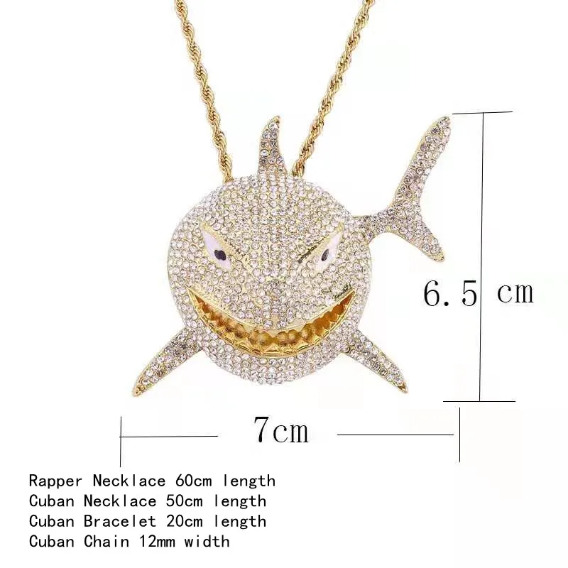 

Rock Hip Hop Prong 12mm Cuban Chain Shark Pendant Necklace Iced Out Watch Rhinestone Rapper CZ Bling for Men Jewelry Gift Mens