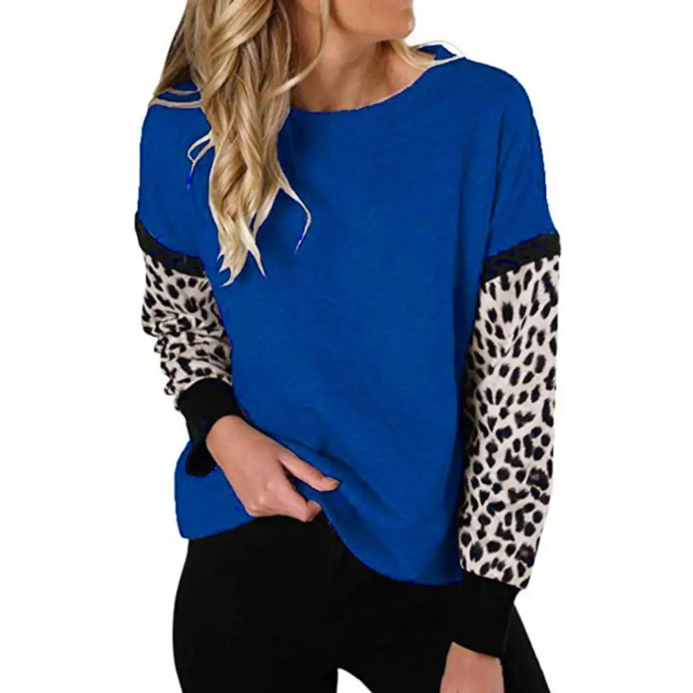 

Womens Leopard Print Long Sleeve Tops Round Neck Sweatshirts Casual Leopard Patchwork Shirts Loose Sexy Cheetah Top Streetwear