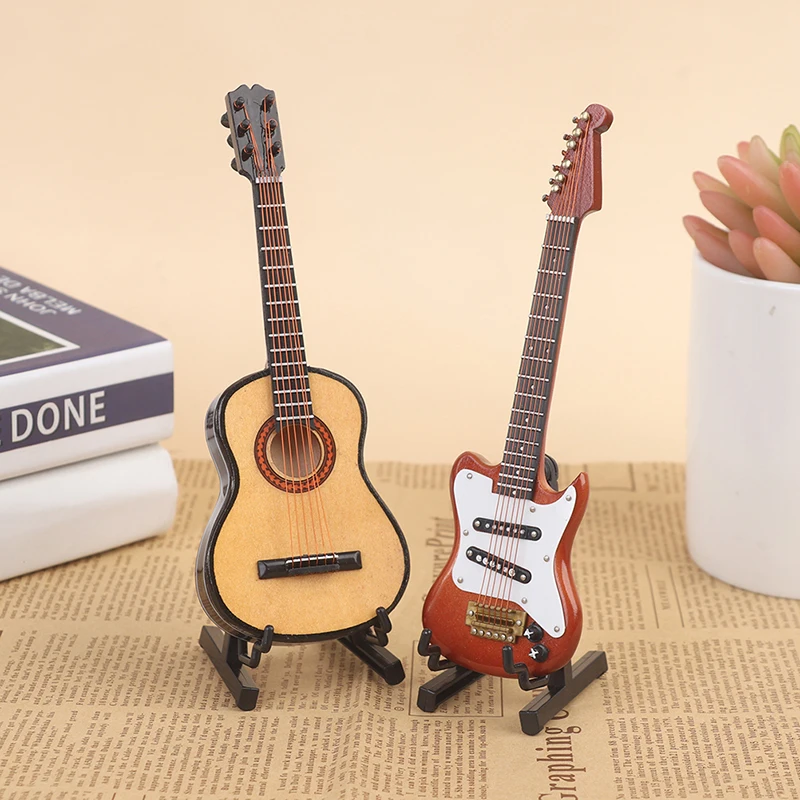 

1/6 Dollhouse Miniature Wooden Electric Guitar With Stand Model Instrument Toy