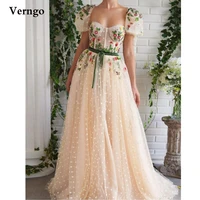 verngo 2021 cream polka dots tulle long prom dresses short puff sleeves flowers crystal evening gowns velour sash formal dress