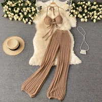 women summer hollow knitted wide leg long pants two piece suit knitted set sexy backless halter short tops