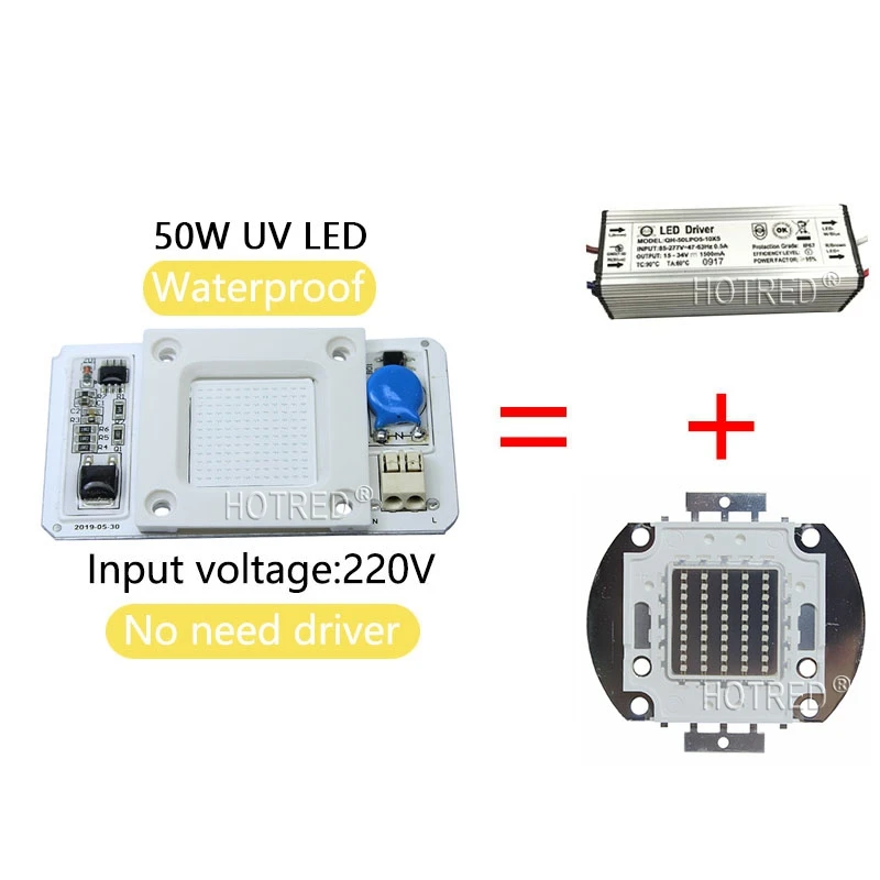 50 Вт Led COB УФ лампа чип 110 В/220 В 395nm 400nm DOB AC Ультрафиолетовый детектор металла кварцевый черный светильник бактерицидная дезинфекция