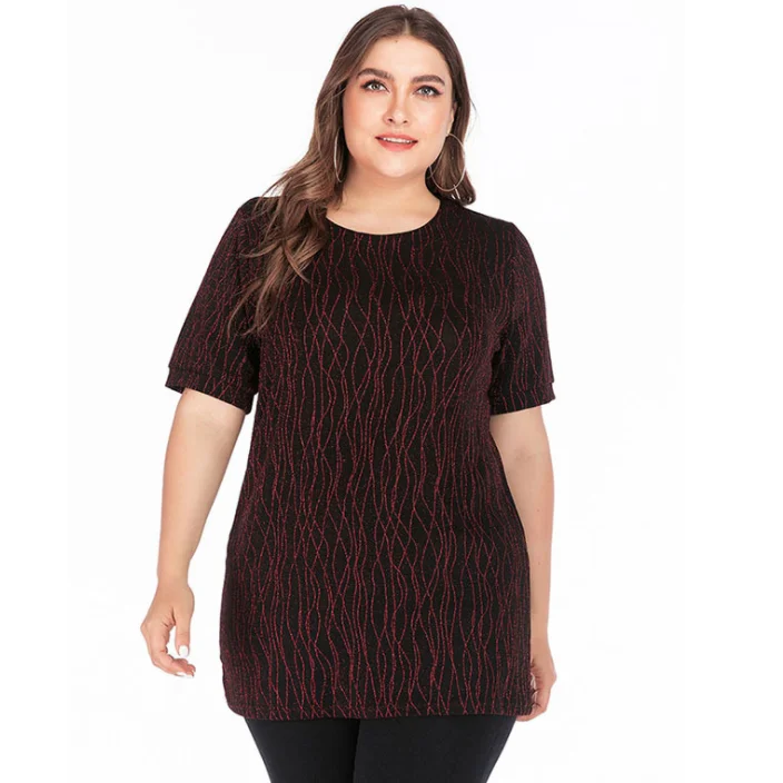 5XL размера плюс женская блузка рубашка летняя короткий рукав расшитая блестками