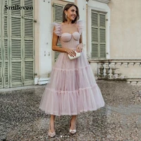 smileven pink puffy tulle short prom dresses spaghetti straps ankle length formal dresses fairt party dress custom made