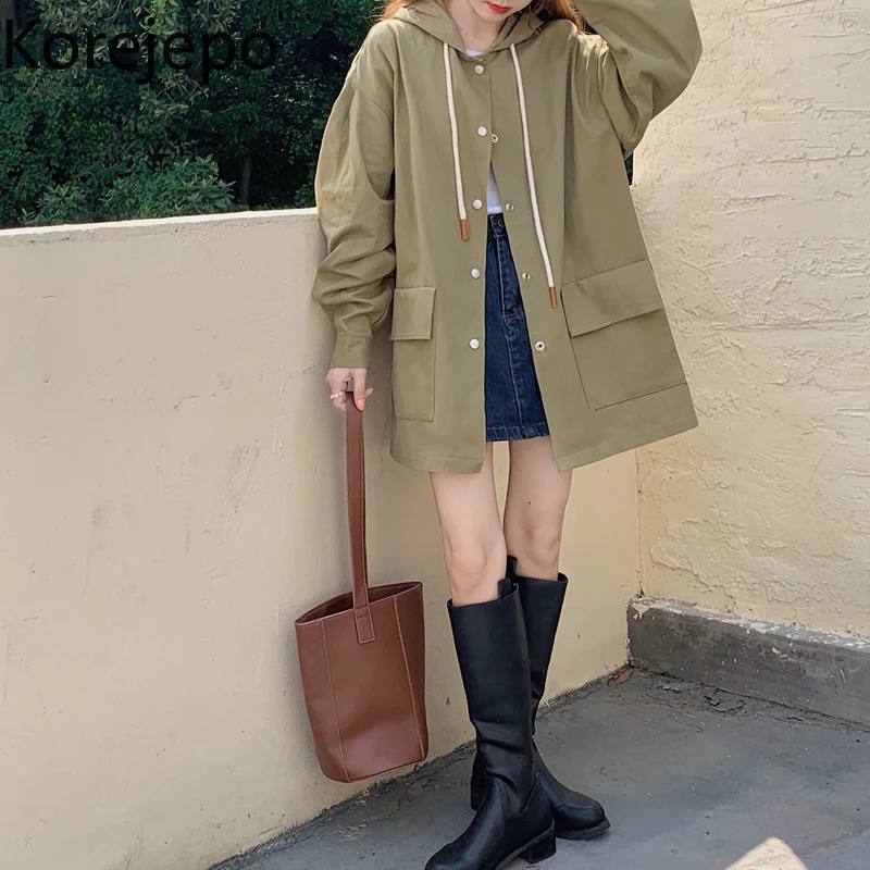 

Корейская Шикарная ветровка кореjepo, Женская осенне-зимняя новая Универсальная однотонная Свободная куртка средней длины с длинным рукавом...