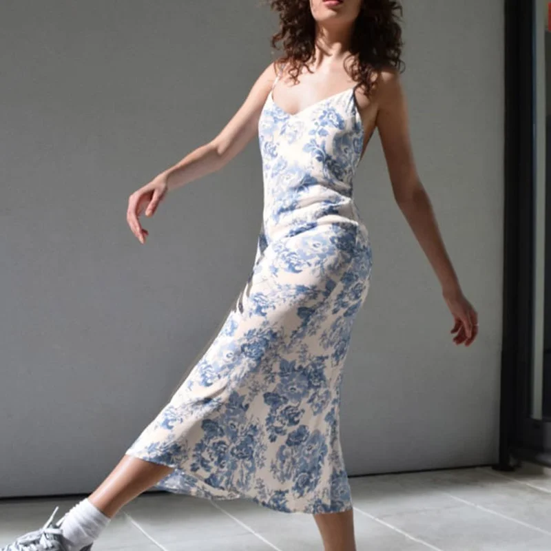 

Sleeveless Floral Print Loose Beach Summer Sexy Open Back Midi Dress Fashion Holiday Casual Women Dress 2020 Elegant Dress