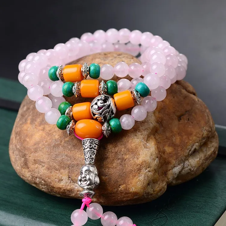 Браслет из чистого натурального хрусталя 108 бусин Будды розовый гибискус браслет