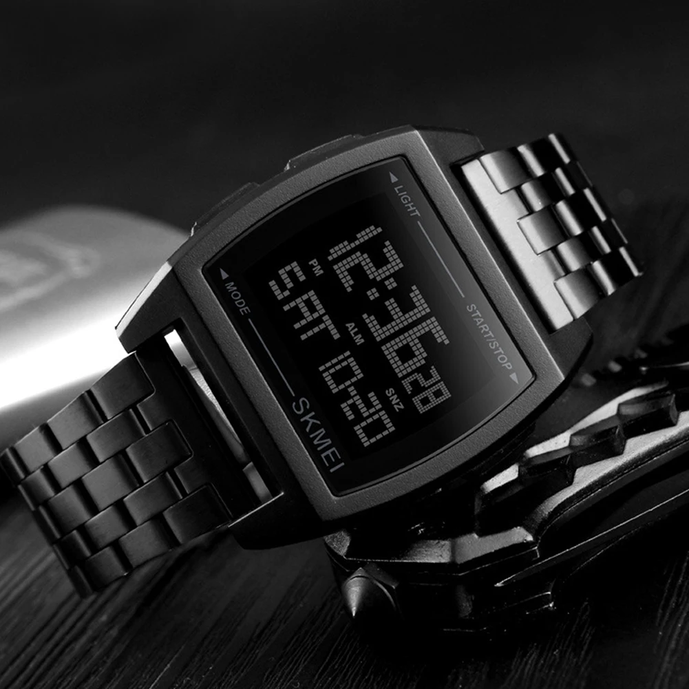 

Men Waterproof Countdown Digital Watch Business Rectangle Electronic Date Stainless Steel Office Double Time Home Anti Shock