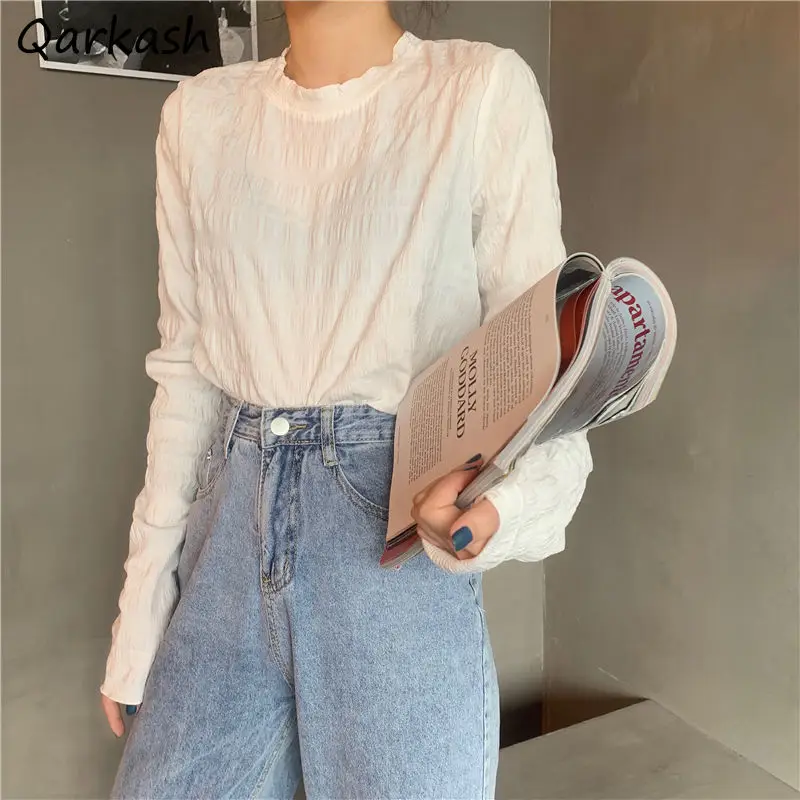 

Long Sleeve T-shirts Women All-match Loose Mujer Camisetas Simple Soft Fashion Basic Leisure College Solid Clothes Classic Tees