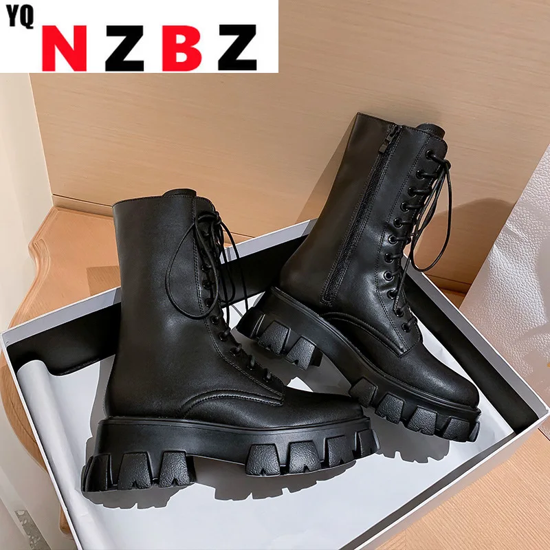 

Женские ботинки до середины икры, на шнуровке и молнии, кожаные удобные сапоги на платформе и каблуке, Осень-зима