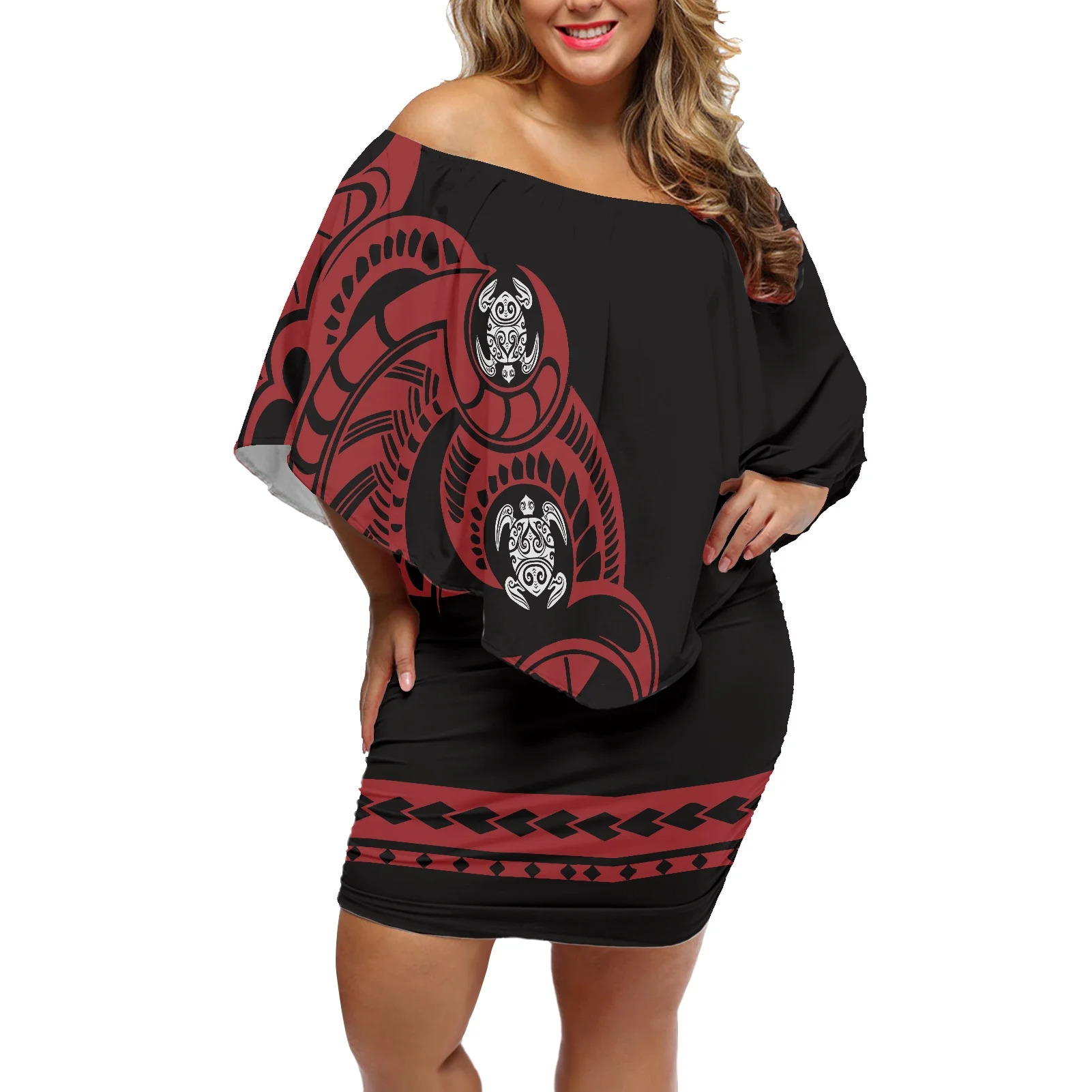 

The Most Popular Design In 2022 Polynesian Samoan Tattoo Women's Off Shoulder Loose One-Piece Dress Frill Ladies Party Dress