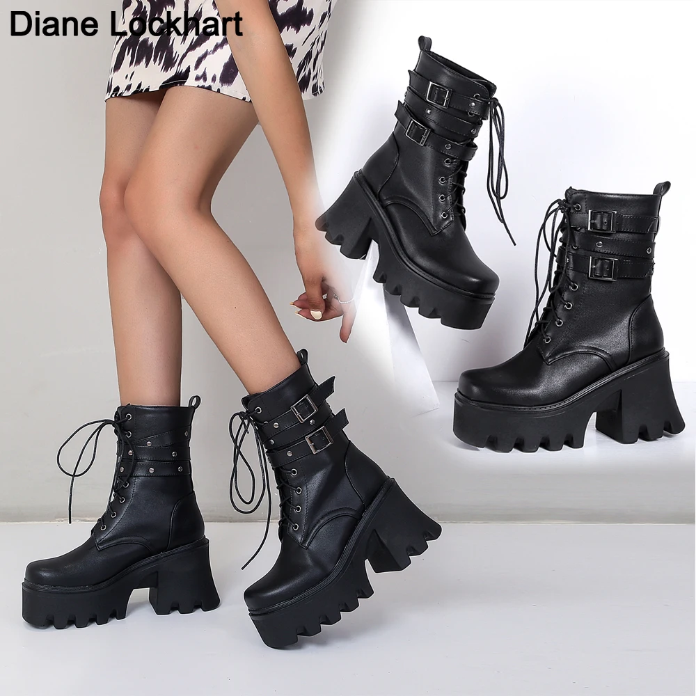 

Autumn Fashion Lace-up Motorcycle Boots Women Shoes Super High Heels Platform Ankle Boot Punk Rock Gothic Biker Boots Big Size