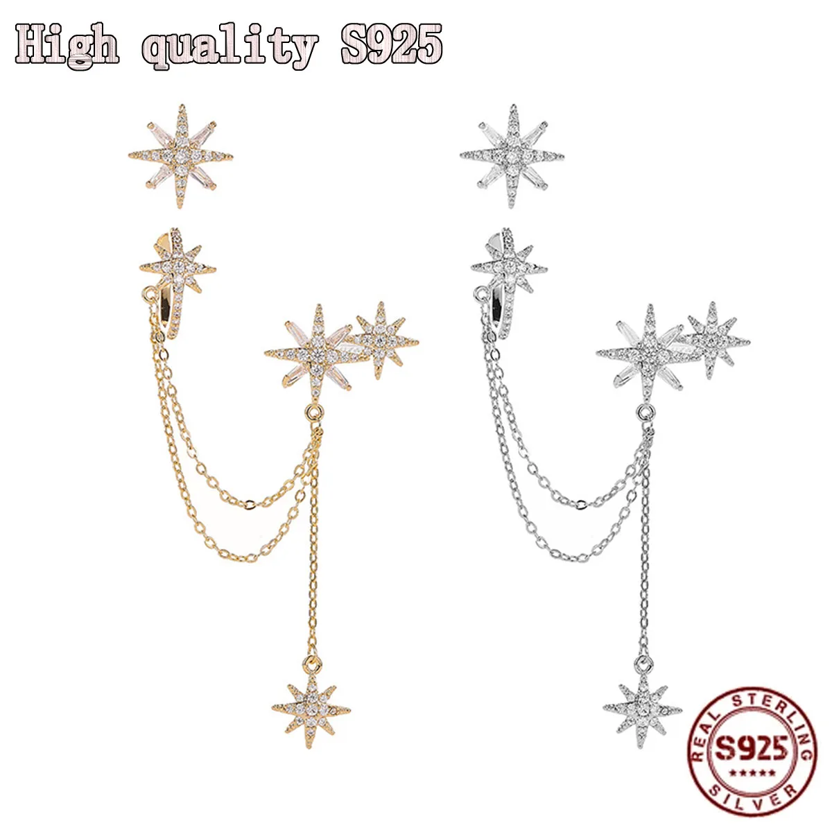 

Fashion Personality Asymmetric Tassel Clip S925 Silver Needle Temperament Octagonal Star Earrings, Suitable for Women To Wear