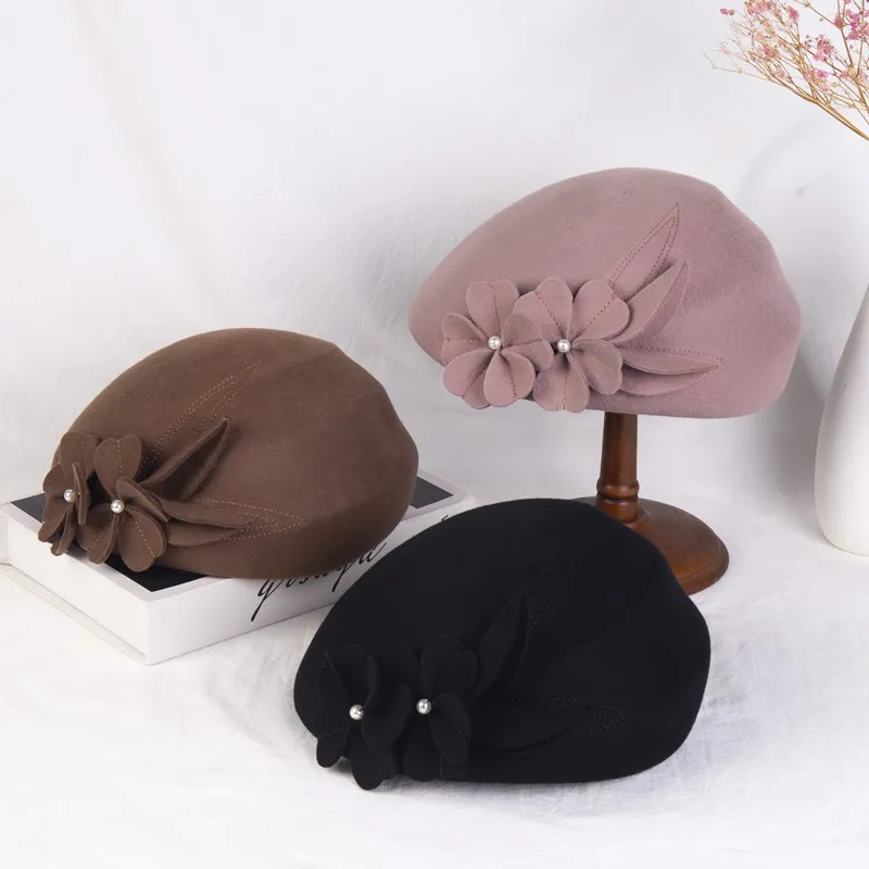 Леди Модная Шляпа Стюардессы Шик Художника Вечеринки Новая Федора Шапка Дамы 100% Австралийская Шерсть Фетра Цветочно-Жемчужный Берет ZZ-442 on.