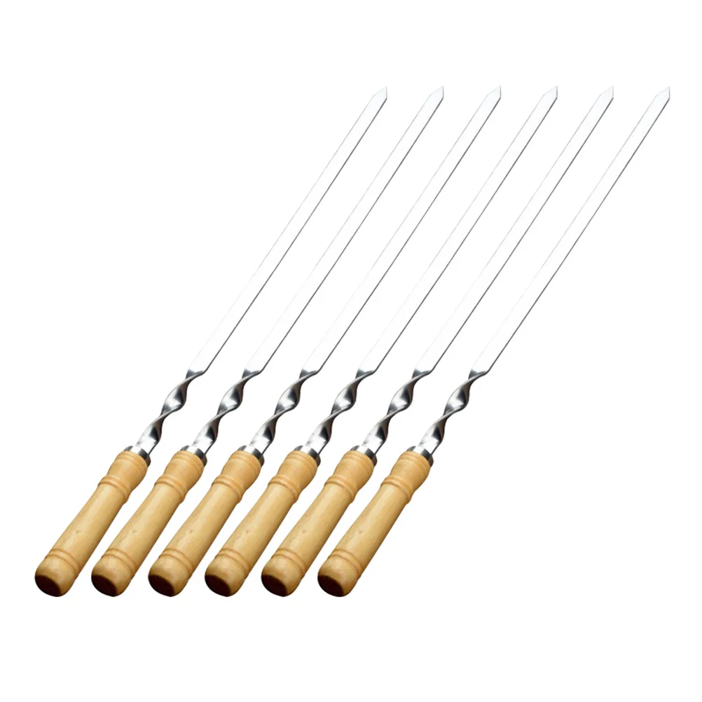 

6pcs Reusable Long BBQ Skewers Stainless Steel Flat Skewers Meat Sticks