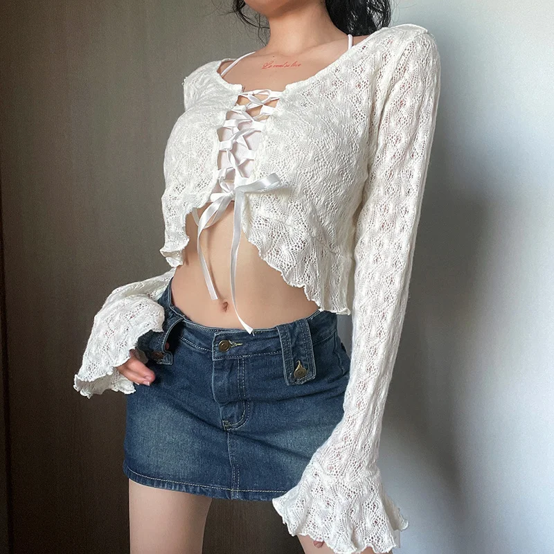 

ZOVSV Flare Sleeve White Knitted Crop Top T Shirt Autumn Front Lace Up Korean Y2K T-shirt Ladies Sexy Ruffles Tee Shirts Groot