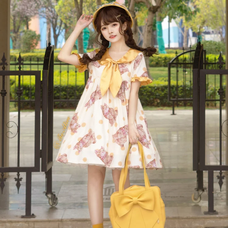 

Japanese Lolita Dress~ Orange Cat~ Printing Sweet Kawaii Girl op Short-sleeved Gothic Tea Party Dress