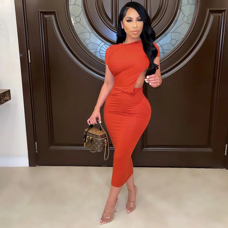 

Wish New Solid Color Tight Short Sleeve Dress Halter Sexy Long Dress 4 Colors Optional