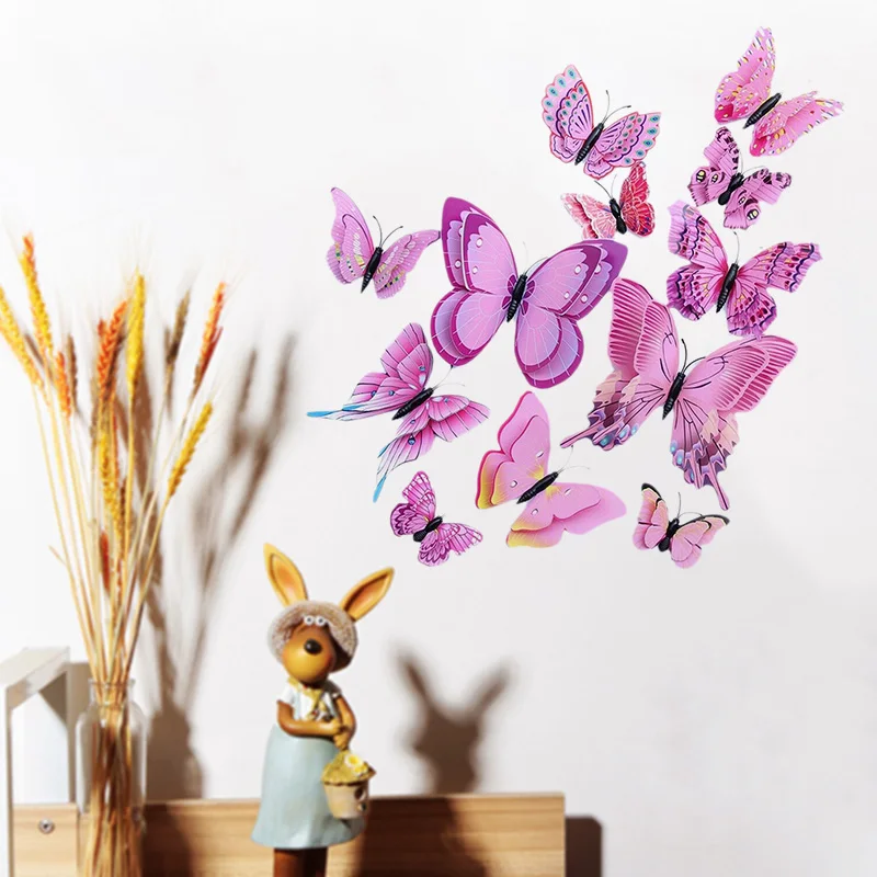 12PCs 3D Butterfly Wall Stickers Pink Vivid Decoration Kid's Room Decor Stereoscopic Bedroom | Дом и сад