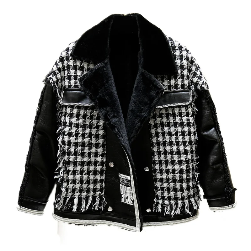 

2020 Women Plush Coat Plaid Tassels Patched PU Leather Diamonds Pockets Lace Decoration Fashion Lady Winter Parkas