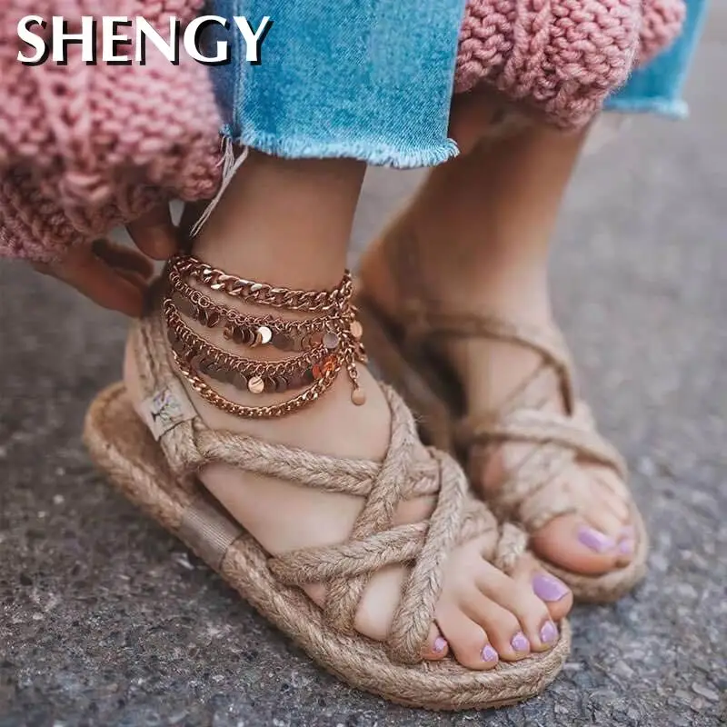 Сандалии SHY женские с круглым носком плетеные шнурки повседневные пляжные
