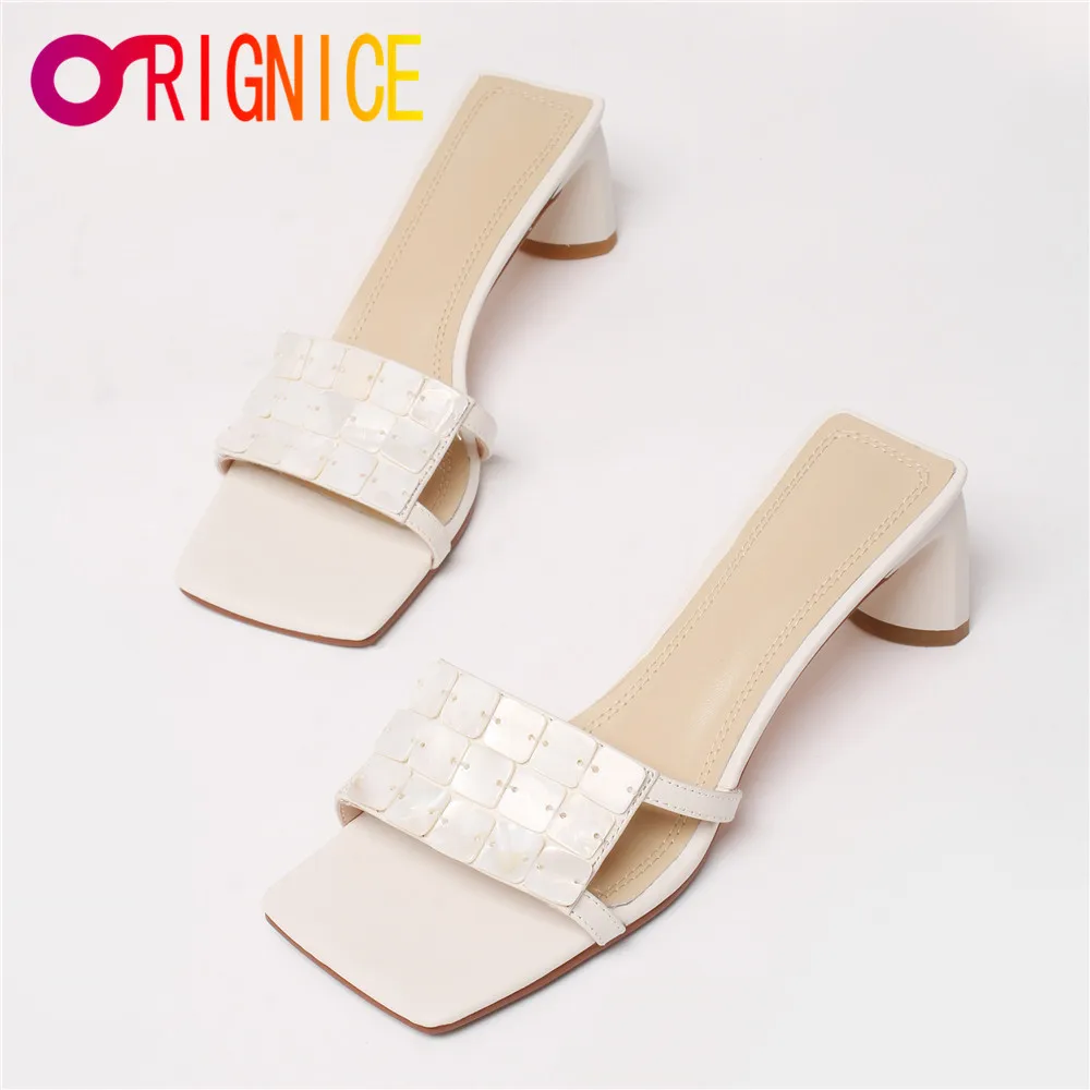 

Orignice Runway Sandals Women Shell Summer Fashion Square Toe Block High Heels Slippers Manual Made Party Dress Shoes Yellow