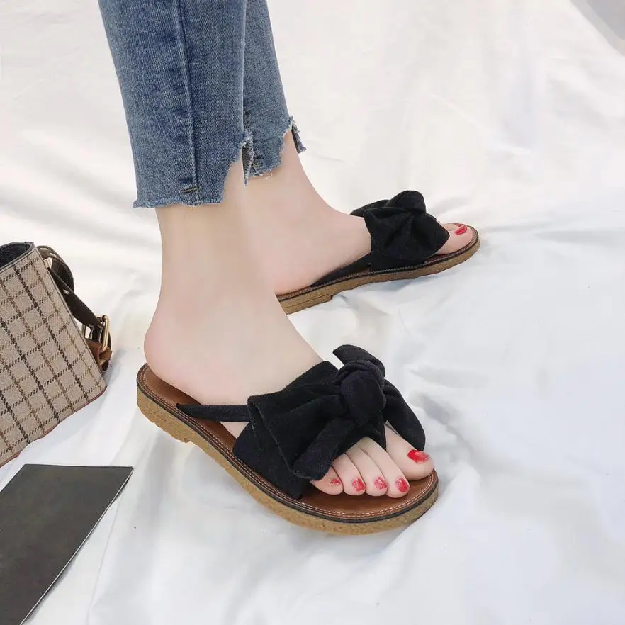 

Summer Ladies Slippers Solid Color Outer Wear Bowknot Flat Heel Sandals Flip Comfortable Outdoor Slippers Female Beach Shoes
