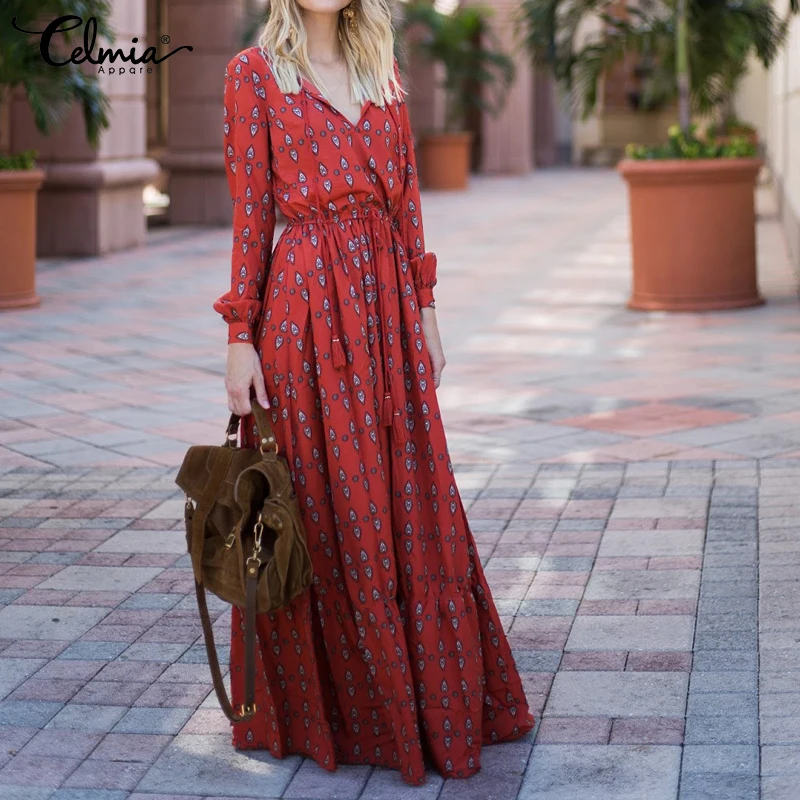 2021 Celmia размера плюс для женщин Плиссированное Макси платье повседневное