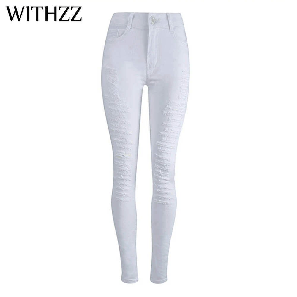 

WITHZZ Spring Summer Women's Ripped Slim Elastic High Waist Denim Pencil Pants Jeans