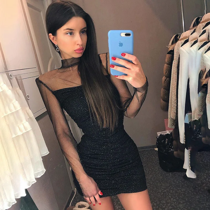 Женское прозрачное плиссированное платье BKLD элегантное облегающее сетка с