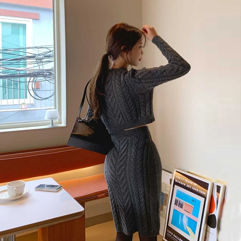 

Elegant Knitted 2 Pieces Set Women Clothing Sets Autumn Winter Short Sweater Tops+ High Waist Sheath Bodycon Pencil Skirt TA2895