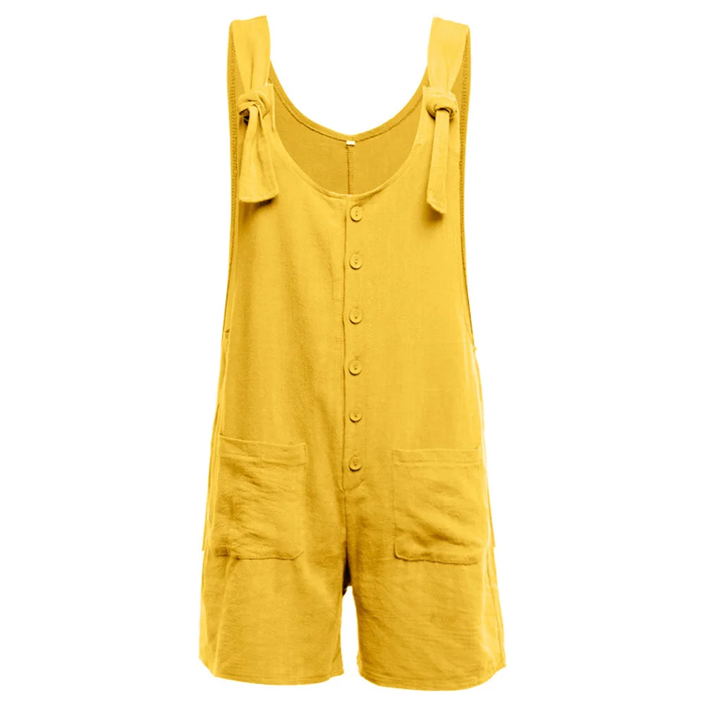 

S-5XL Women Summer Beach Style Playsuit Cotton Crop Button Pocket Strapless Casual Loose Jumpsuit
