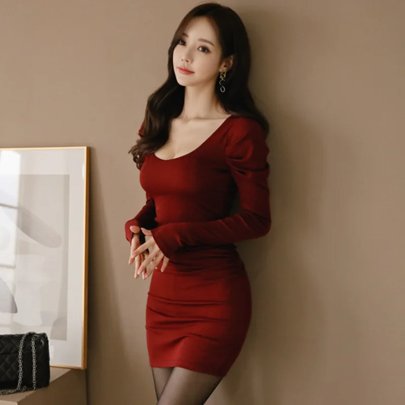 Spring 2019 Bandage Office Ladies Vintage Elegant Mini Pencil Dress Wine Red Long Sleeve Womens Wrap Tight Vestidos | Женская одежда