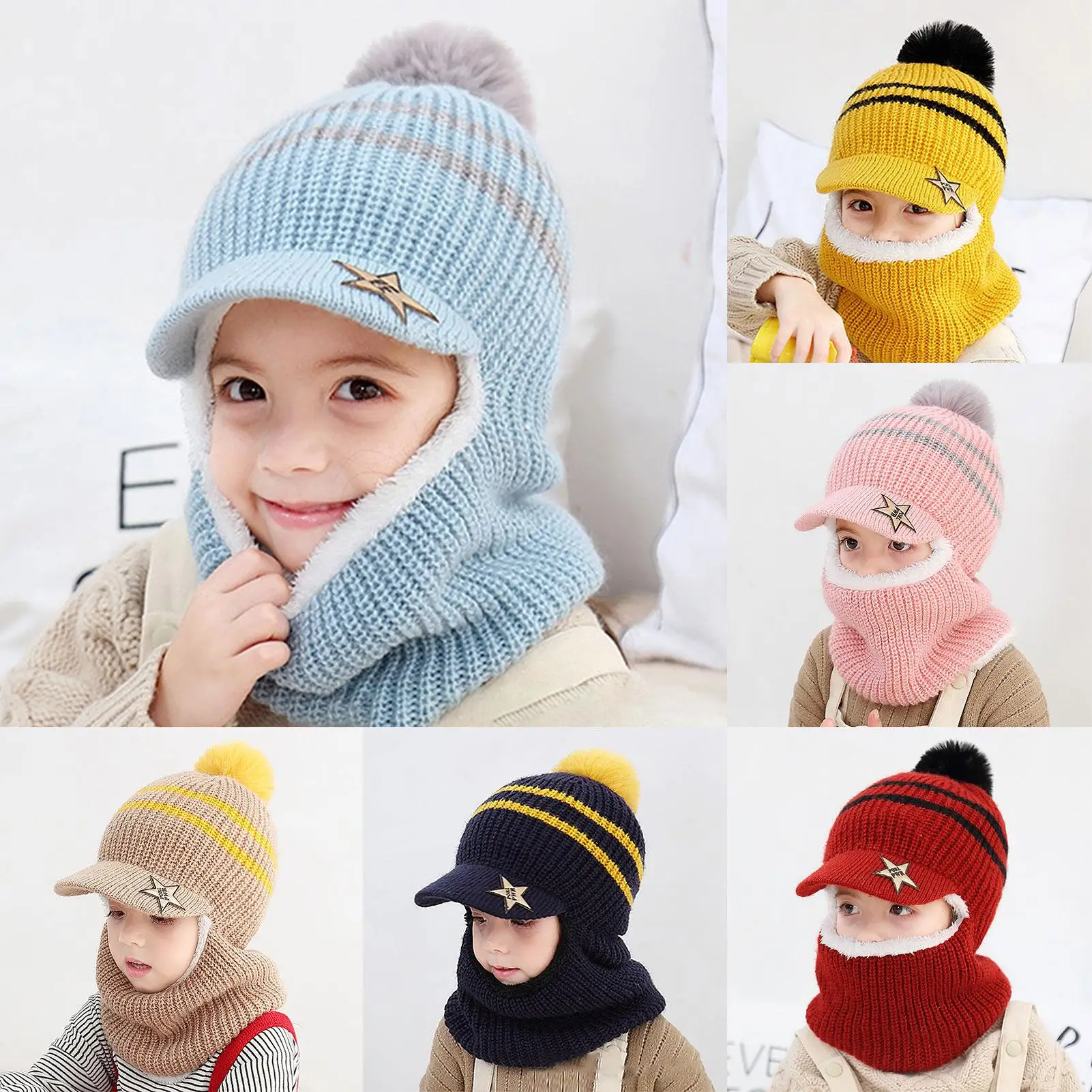 

Children Plush Windproof Warm Kids Boys Girls Pompom Hat Brim Scarf Head Cap