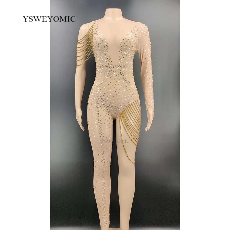 Dancewear Silver Gold Rhinestone Chain Transparent Jumpsuit One Sleeve Legging Birthday Celebrate Outfit Women Dancer Outfit