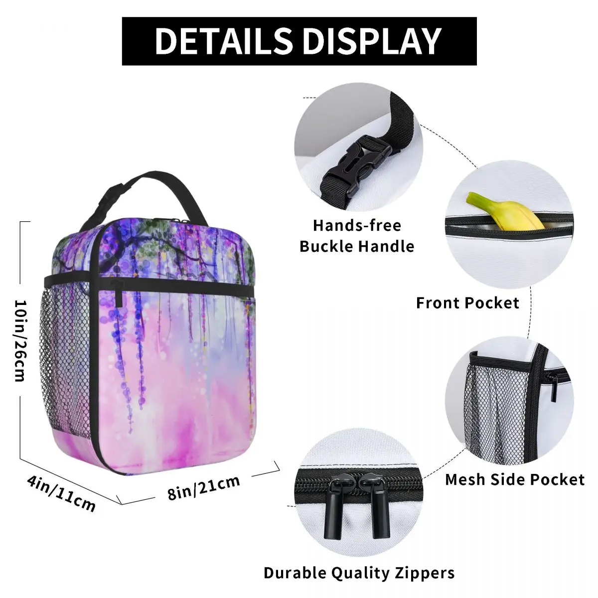 

Spring Purple Flowers Lunch Bag for Women Men Large Insulated Lunch Box with Water Bottle Holder and Pockets