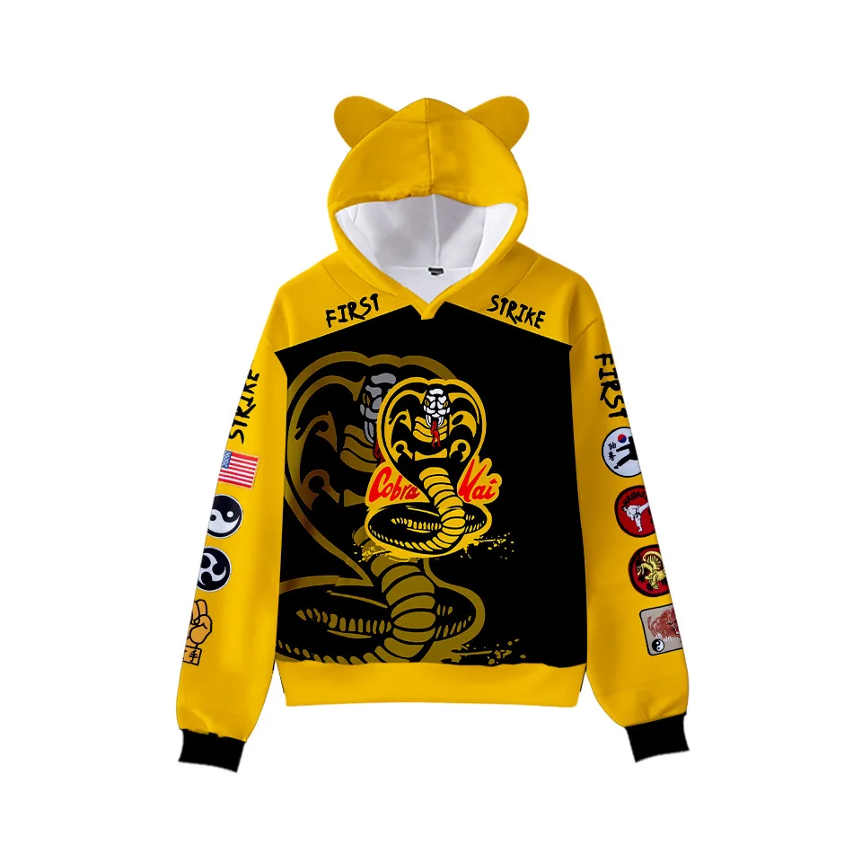 

Толстовка-Кобра для мальчиков и девочек, свитшот с капюшоном в стиле хип-хоп, Кобра Кай, кавайная Детская толстовка с кошачьими ушками, мужск...