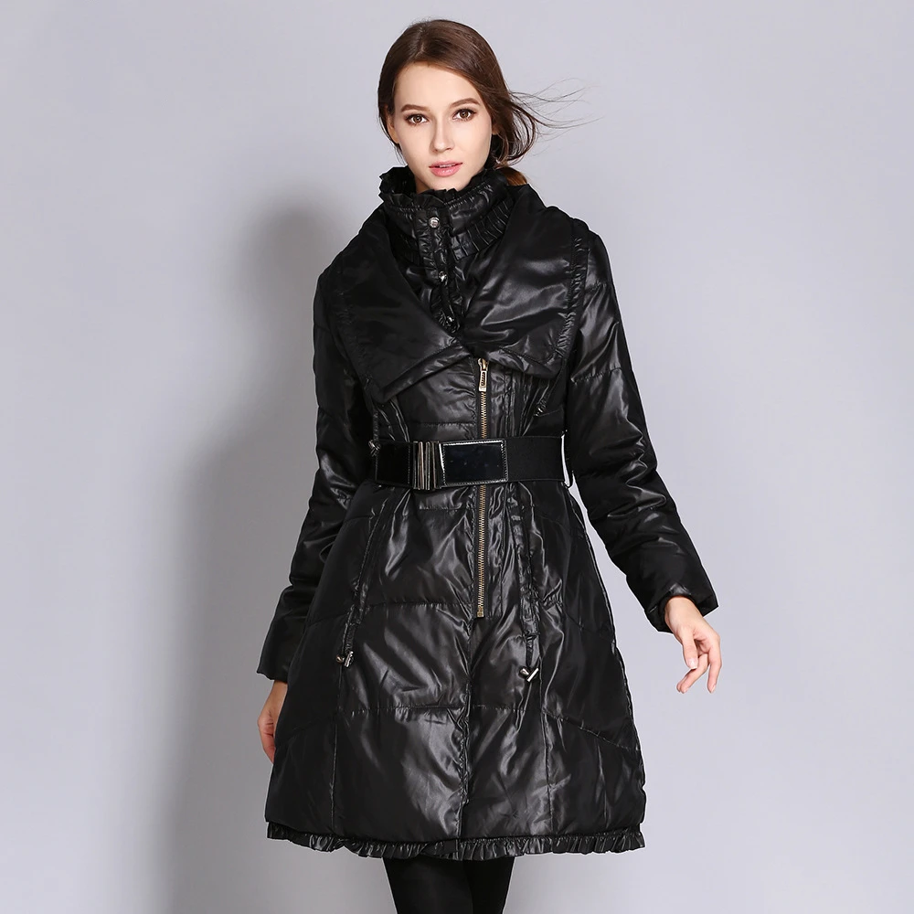 

Winter Coat Women Elegant Mid-length Down Padded Jacket Solid Belt Zipper Lapel Warm Parkas Lugentolo