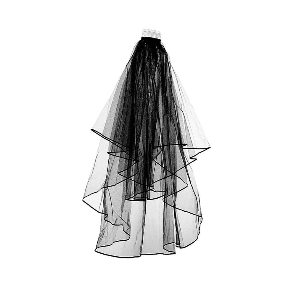 Черная свадебная вуаль Соборная с гребнем Кружевной Край Два слоя тюлевой