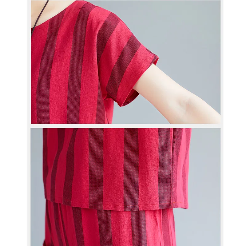 

2 piece set Women Cotton linen Suit 2020 Summer Short sleeve Stripe Pullover Tops+wide leg pants Loose Casual Fashion Women Sets