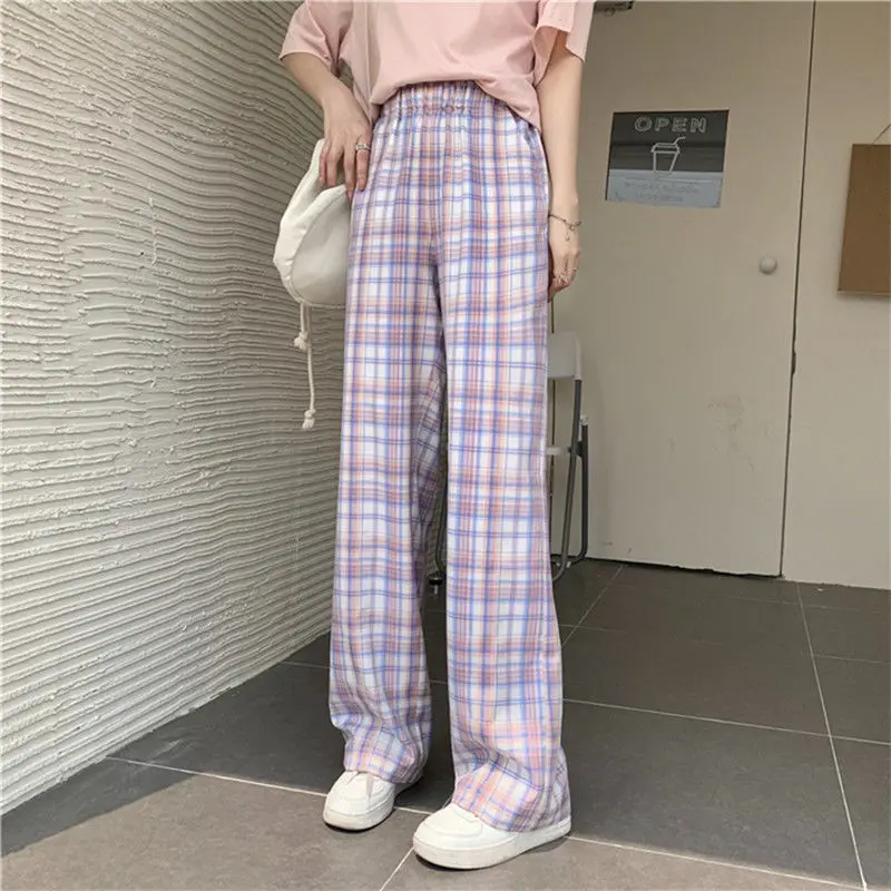 

QWEEK Harajuku Korean Style Purple Plaid Pants Women Summer High Waist Checked Wide Leg Pink Trousers For Female Oversized