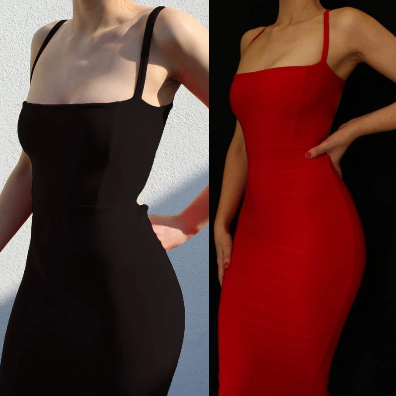 Женское эластичное платье на тонких бретелях с открытой спиной | Женская одежда