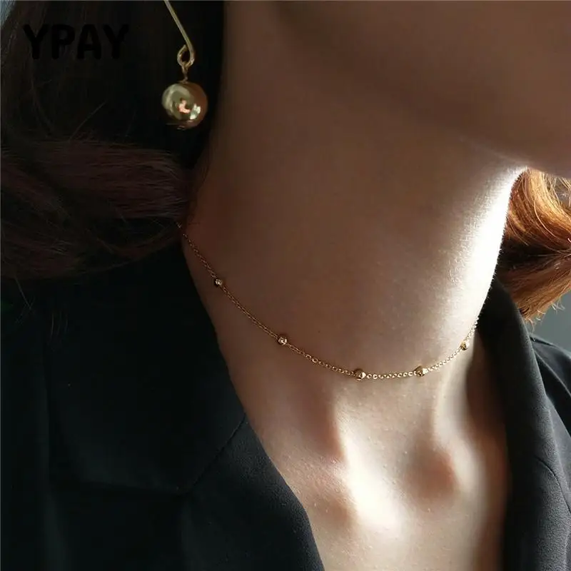 

YPAY Pure 925 Sterling Silver Chain Necklaces Korean Gold Round Bead Chokers Necklace for Women Fine Jewelry Charm Gifts YMN151