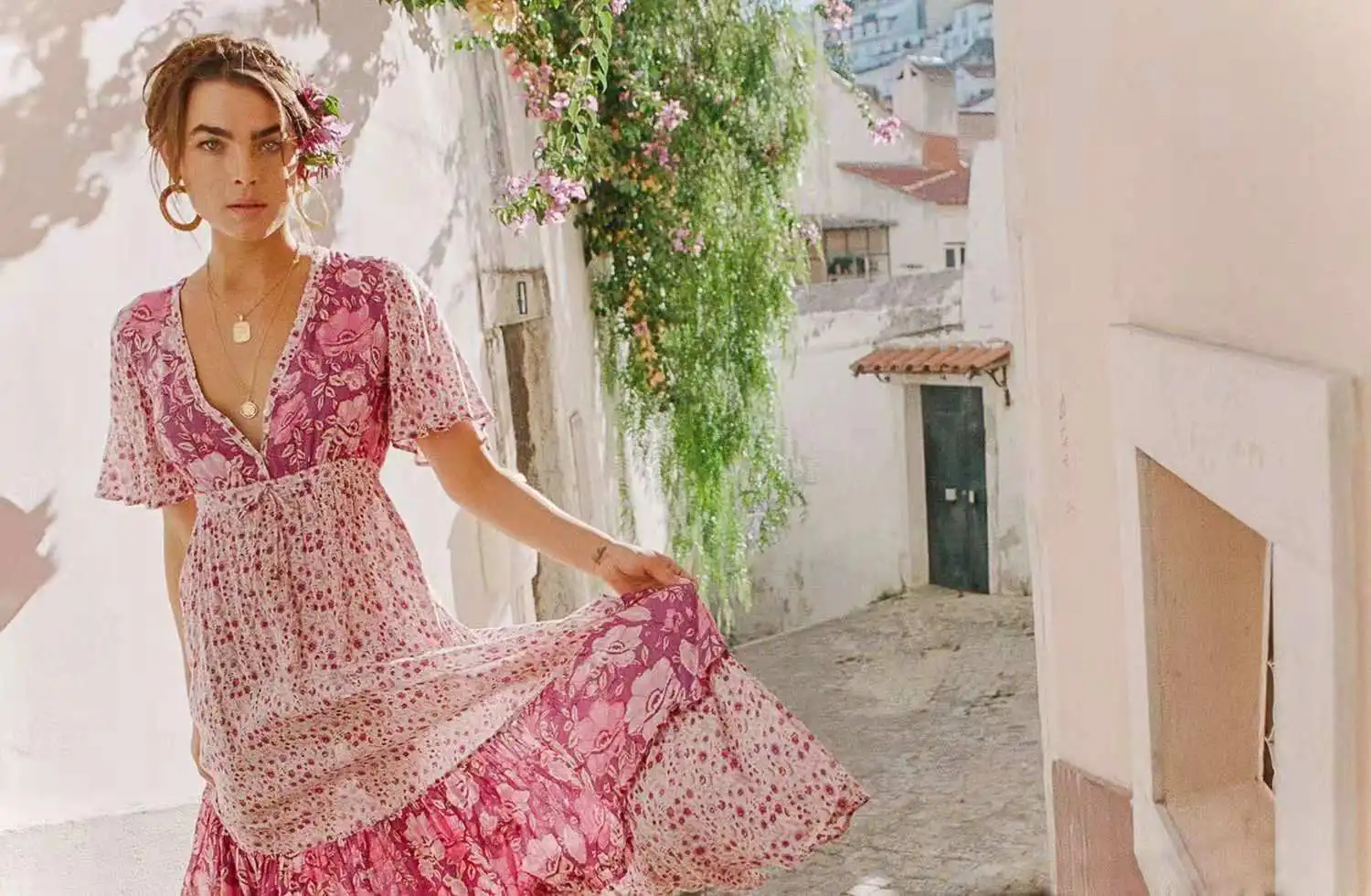 Богемный Вдохновленный розовый цветочный принт платье v-образным вырезом