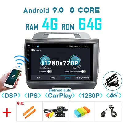 4G64GDSP 1280CARPLAY 1280P Android 9,0 4G 64G Carplay Авто gps для Kia Sportage 3 4 SL 2010- мультимедийный радио навигационный экран без DVD рекордера - Цвет: 4G64GDSP 1280CARPLAY