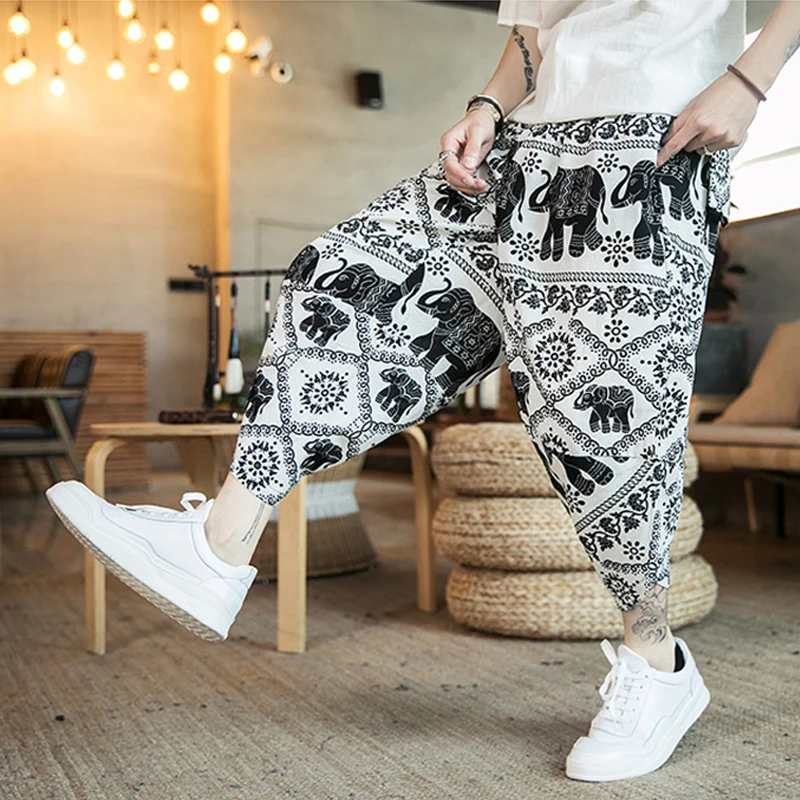 

Summer Pants 2020 New Elephant Printed Pants Male Chinese Linen And Cotton Pants For Man Large Size Loose Beachwear Turnip Pants