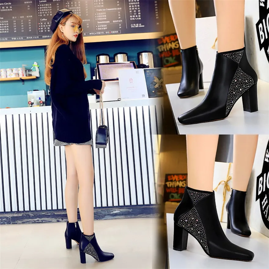 Fashion Crystal Soft Leather Women's Boots 2021 Square Toe Woman Sexy Party Ankle Thick High Heels Ladies Work Black | Обувь